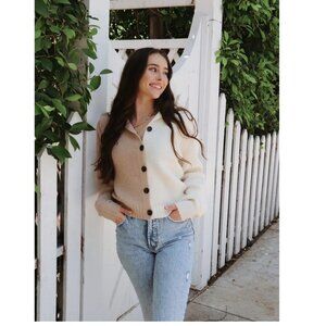 PINK MARTINI - Amy Button-Up Two-Toned Knit Sweater - Taupe/Cream - XXS